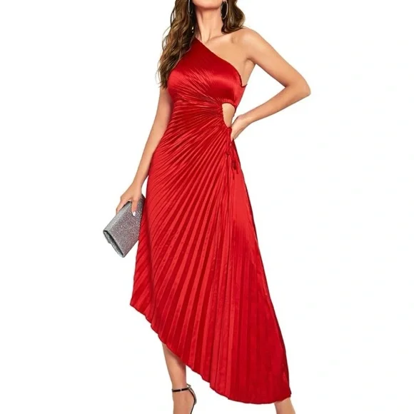 Kaei&Shi Satin Prom One Shoulder Cutout Asymmetrical Pleated Dress - Picture 2 of 8